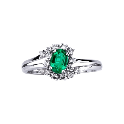 Halo ring white gold 18k with a central emerald and diamonds 