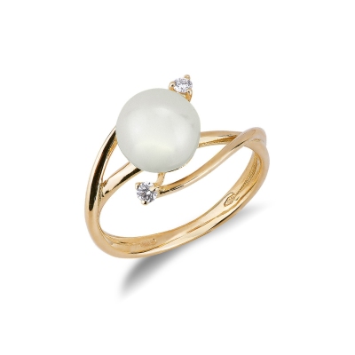 Yellow gold 18k crossover ring with pearl and diamonds 
