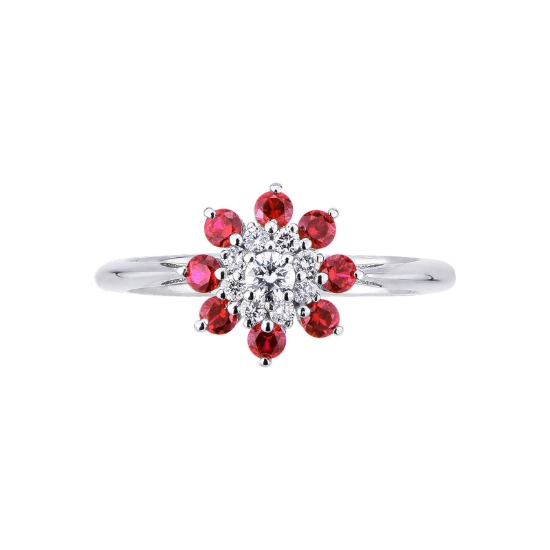 18k white gold ring with halo diamonds and rubies 