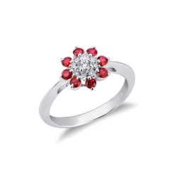 18k white gold ring with halo diamonds and rubies 