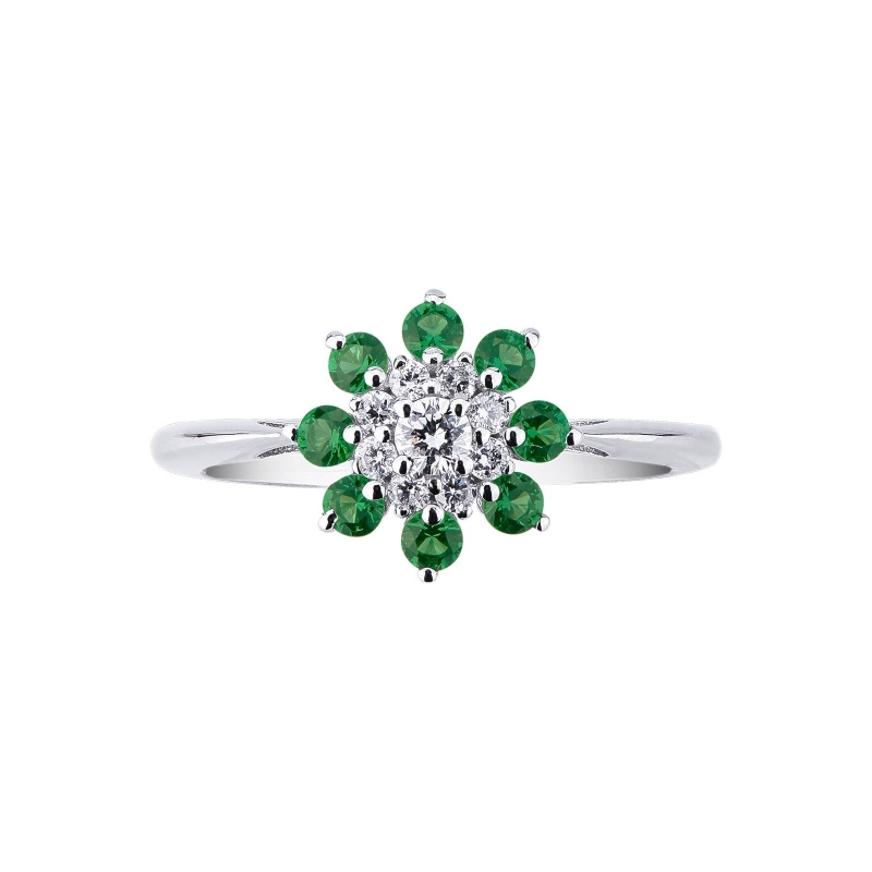 18k white gold ring with halo emeralds and diamonds 