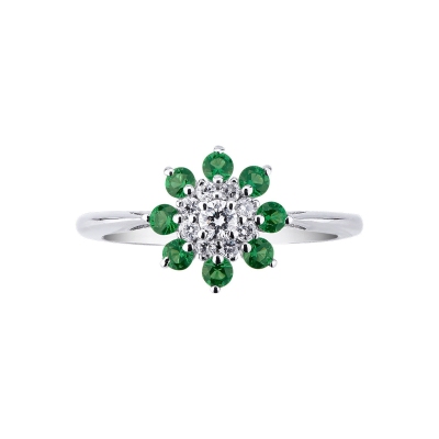 18k white gold ring with halo emeralds and diamonds 