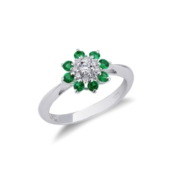 18k white gold ring with halo emeralds and diamonds 