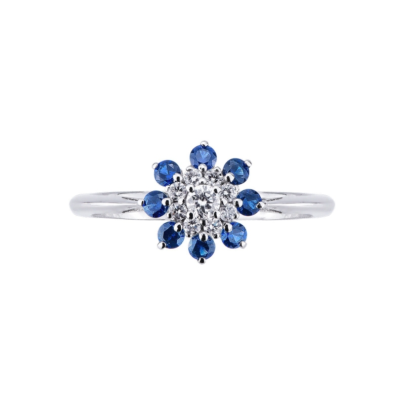 18k white gold ring with halo diamonds and blue sapphires 