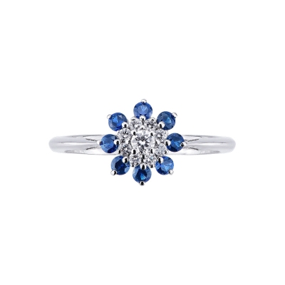 18k white gold ring with halo diamonds and blue sapphires 