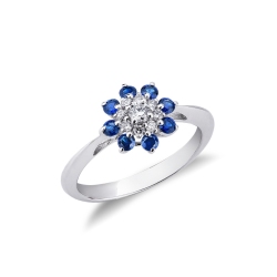 18k white gold ring with halo diamonds and blue sapphires 