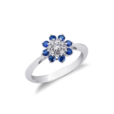 18k white gold ring with halo diamonds and blue sapphires 