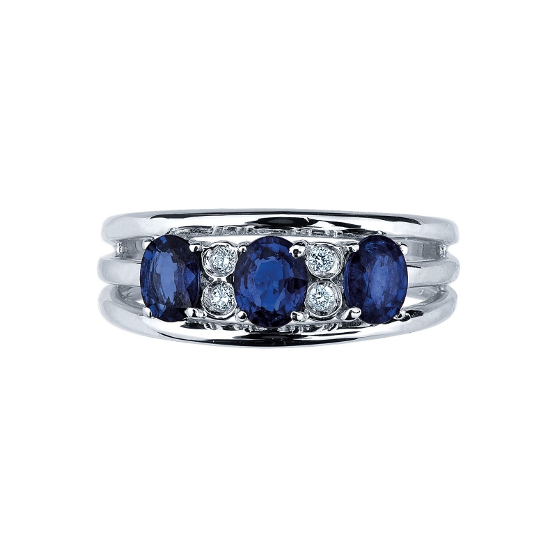 Triple band ring in white gold 18k with blue sapphires and diamonds 