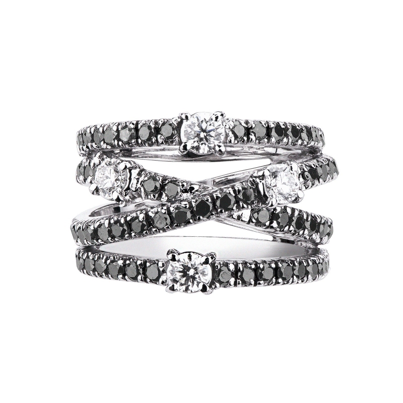 Crossover band ring with black and white diamonds 