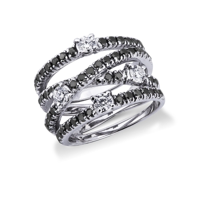 Crossover band ring with black and white diamonds 