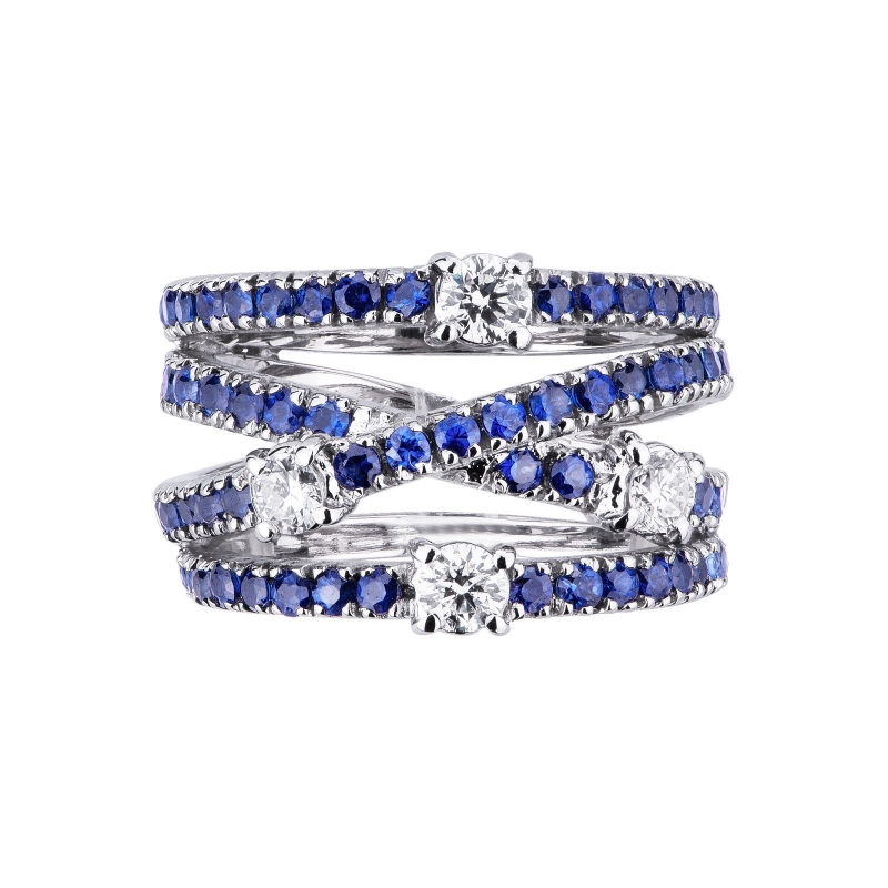 White gold 18k band ring with diamonds and blue sapphires 