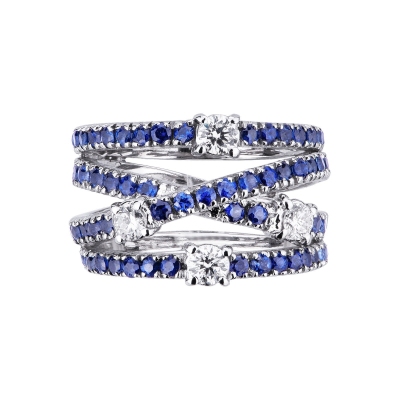 White gold 18k band ring with diamonds and blue sapphires 