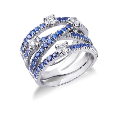 White gold 18k band ring with diamonds and blue sapphires 