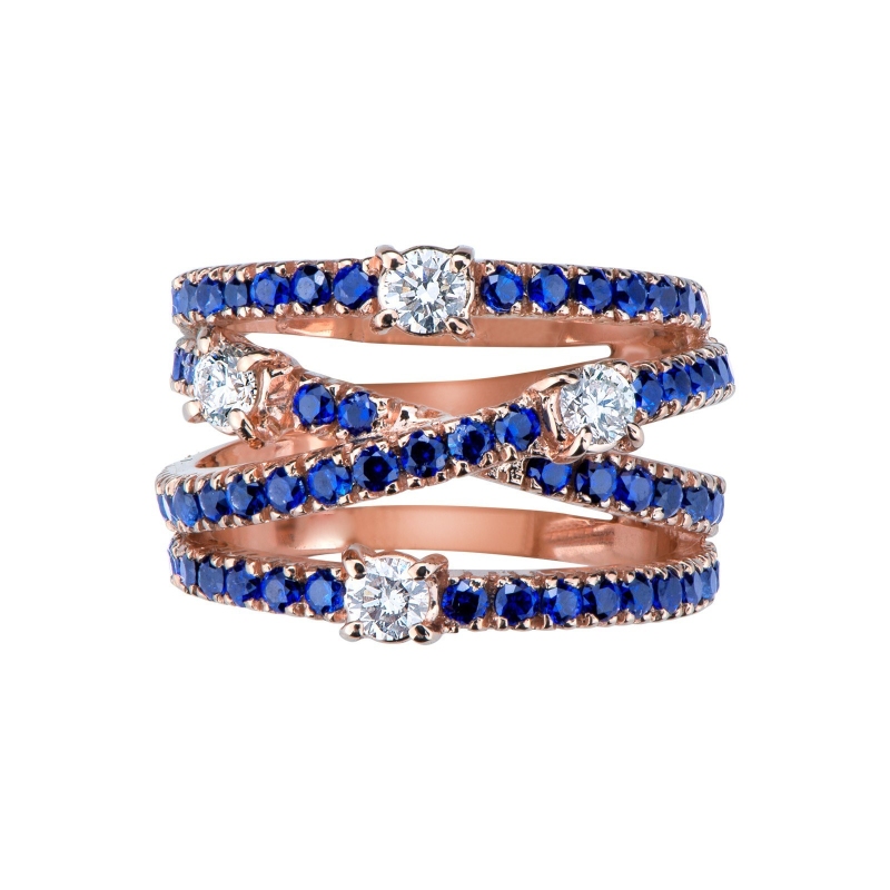 18k rosé gold ring with bands of blue sapphires and diamonds 