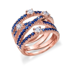 18k rosé gold ring with bands of blue sapphires and diamonds 