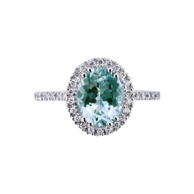 White gold 18k halo ring with aquamarine and diamonds 