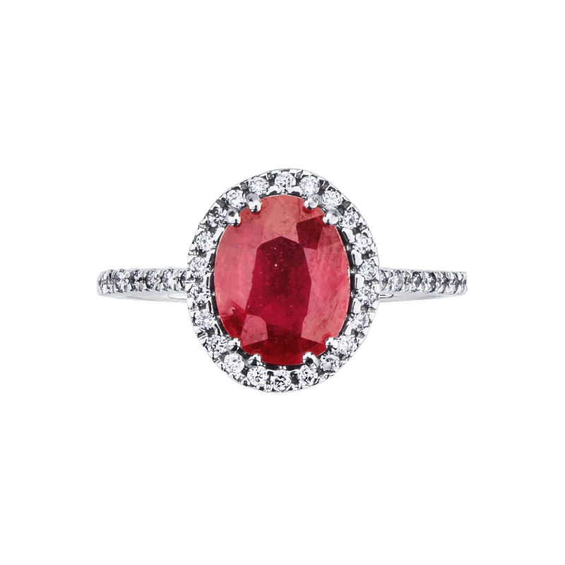 18k white gold halo ring with oval cut ruby and diamonds halo and shoulder set
