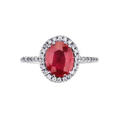 18k white gold halo ring with oval cut ruby and diamonds halo and shoulder set
