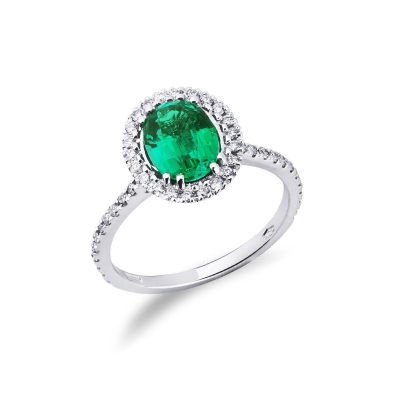 White gold 18k halo ring with emerald and diamonds white gold 18k 
