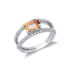 Ring with citrine and diamonds in white gold 18k