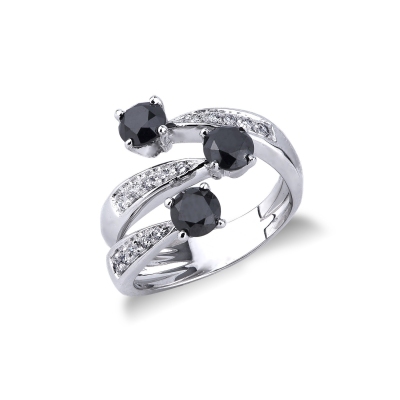 Trilogy type ring with black and white diamonds 