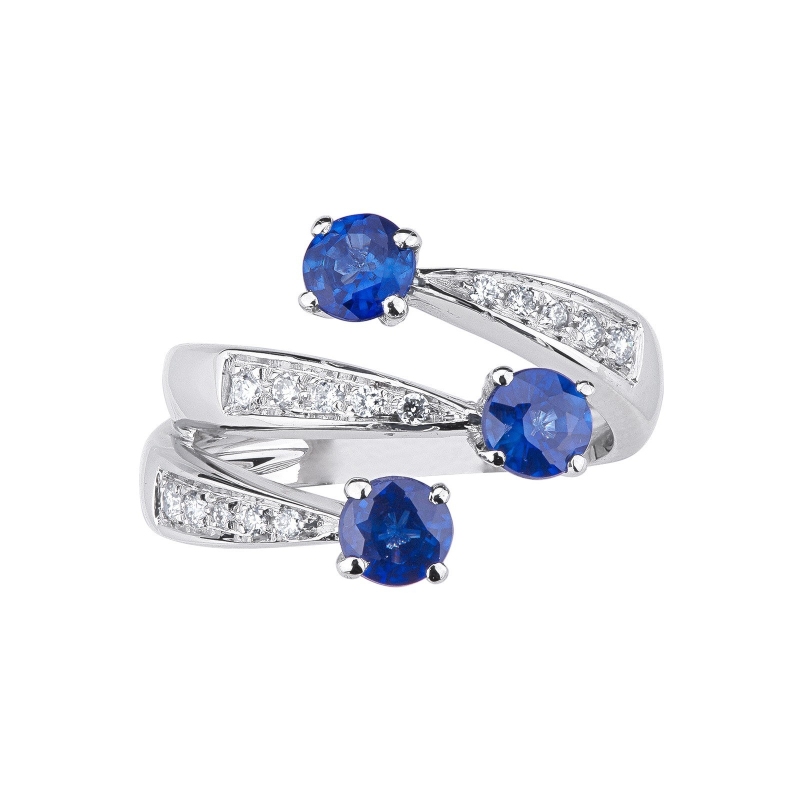 Trilogy Ring 18k White Gold with Diamonds and Blue Sapphires