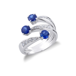 Trilogy Ring 18k White Gold with Diamonds and Blue Sapphires