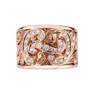 Band ring with embroidery and diamonds in rosé gold 18k