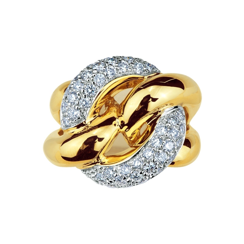 White and yellow gold 18k groumette ring with diamonds 