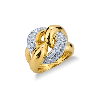 White and yellow gold 18k groumette ring with diamonds 