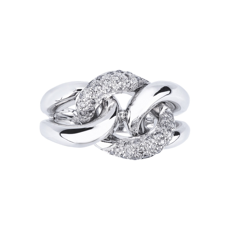 White gold 18k groumette ring with a diamonds-set links 