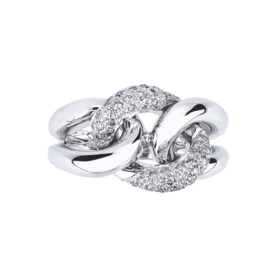 White gold 18k groumette ring with a diamonds-set links 