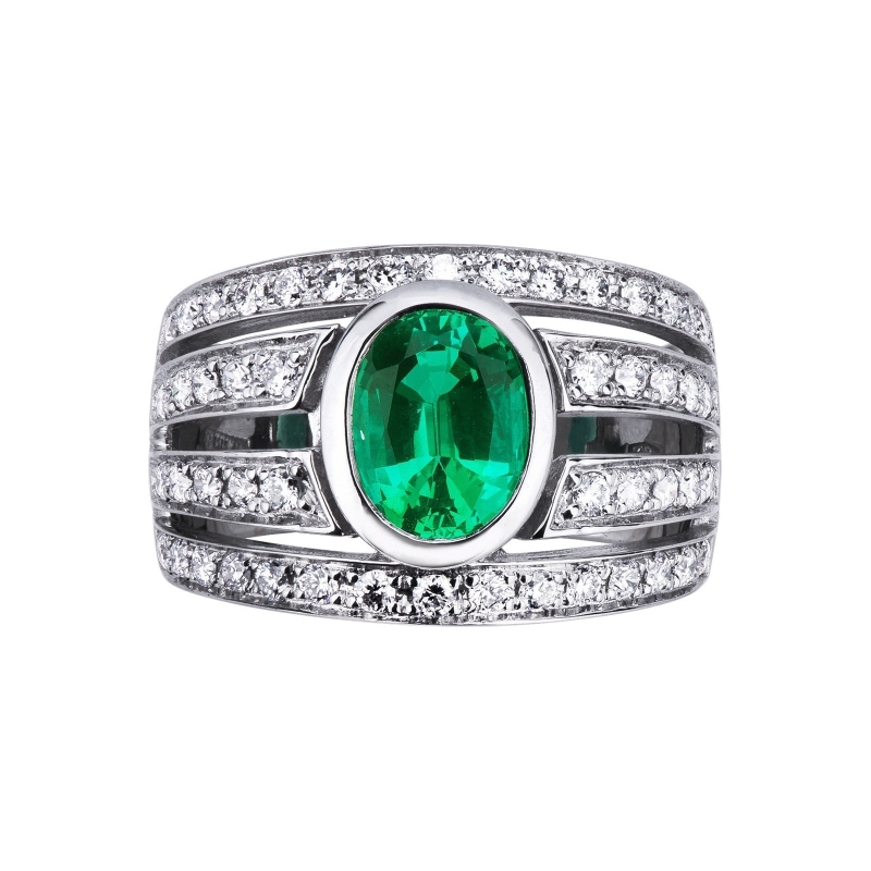 Band Ring 18k White Gold with emerald and diamonds 