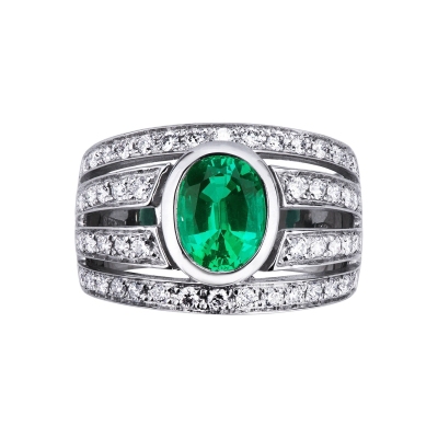 Band Ring 18k White Gold with emerald and diamonds 