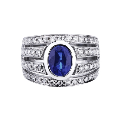 White gold 18k multi band ring with blue sapphire and diamonds 