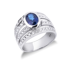 White gold 18k multi band ring with blue sapphire and diamonds 