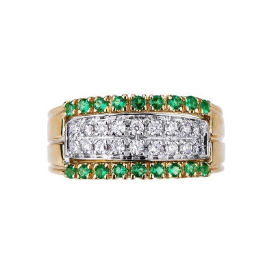 18k yellow gold band ring with diamonds and emeralds