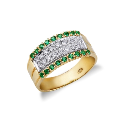 18k yellow gold band ring with diamonds and emeralds