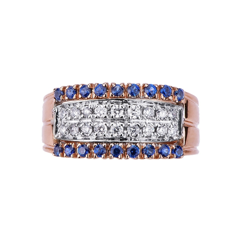 Rosé gold 18k band ring with blue sapphires and diamonds 