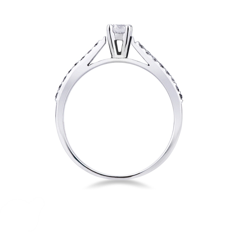 White gold 18k ring with a central diamond and diamond shoulder set