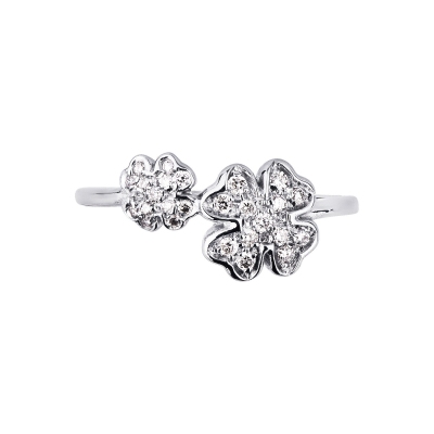 White gold 18k ring with diamonds four-leaf clovers 