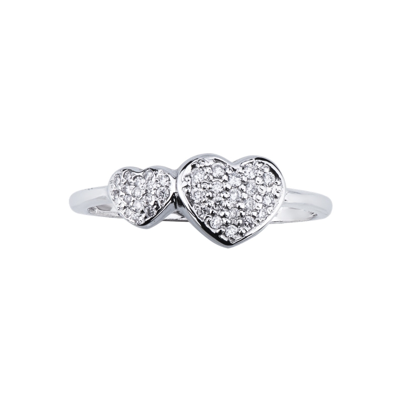 White gold 18k ring with two diamonds hearts