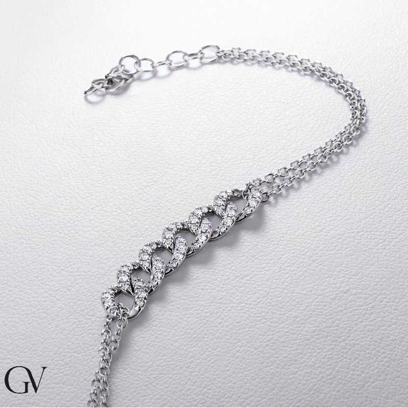 Bracciale a 6 maglie groumette in oro bianco 18k con diamanti, cm 16+3