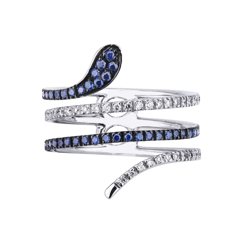 18k white gold snake spring ring with diamonds and blue sapphires 