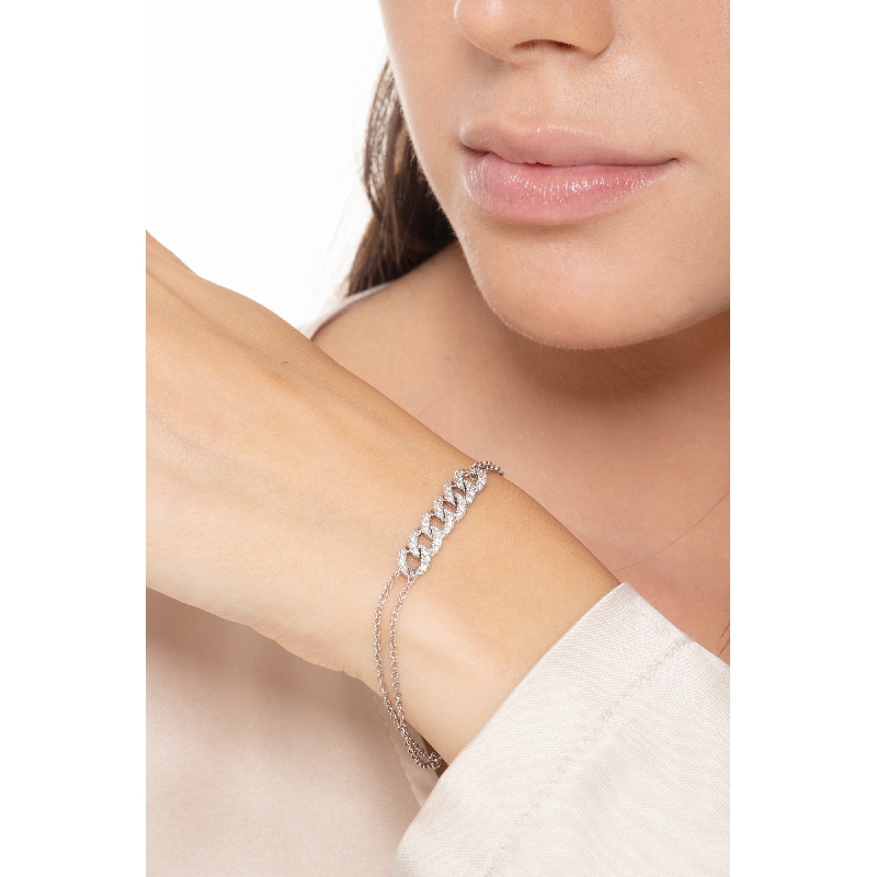 Bracciale a 6 maglie groumette in oro bianco 18k con diamanti, cm 16+3