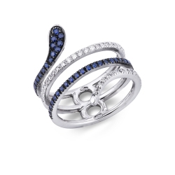 18k white gold snake spring ring with diamonds and blue sapphires 