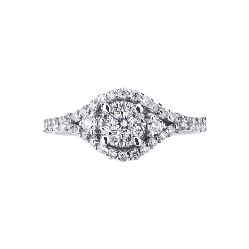 White gold 18k halo ring with diamonds central and shoulder set 