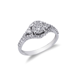 White gold 18k halo ring with diamonds central and shoulder set 