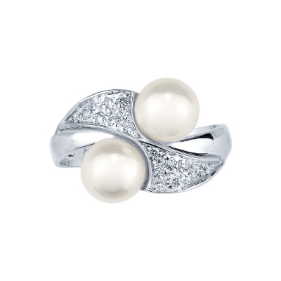 18k white gold curved ring with diamonds and pearls 