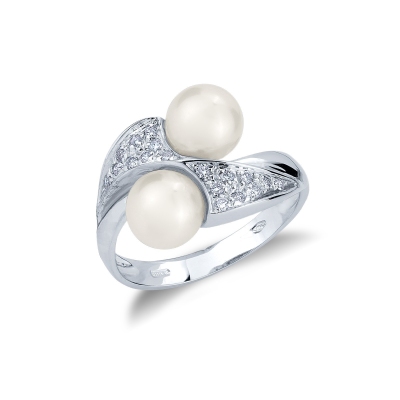 18k white gold curved ring with diamonds and pearls 